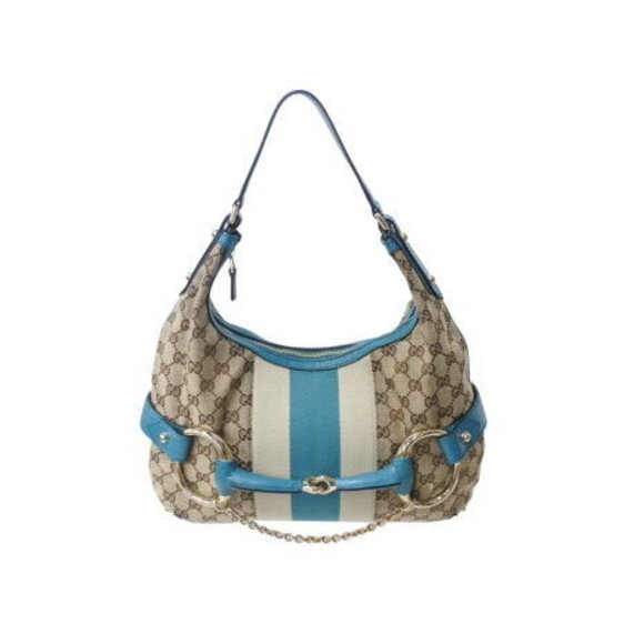 Gucci Horsebit Shoulder Bag GG canvas beige Turquoise Blue - Picture 1 of 9